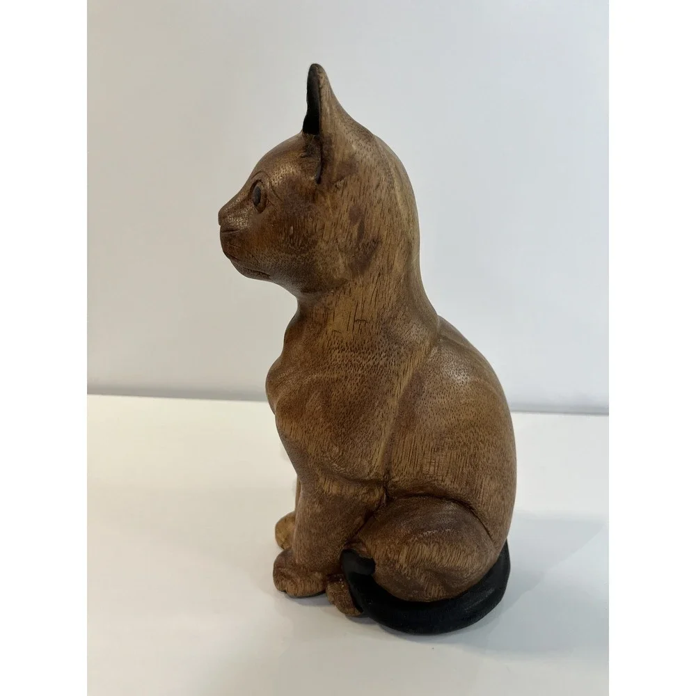 Vtg MCM Hand Carved Wood Cat Figure Kitten Statue Thailand Collector Decor‎ 10